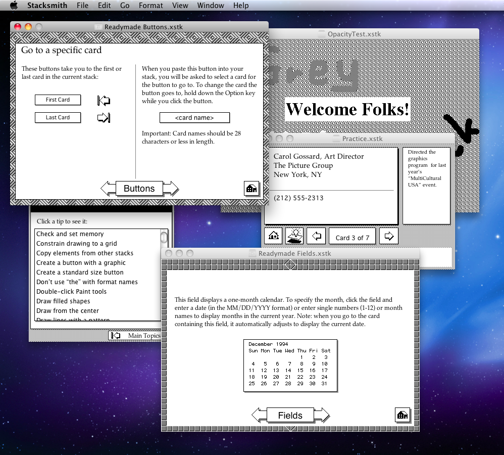 A number of old HyperCard stacks being displayed by Stacksmith on macOS X