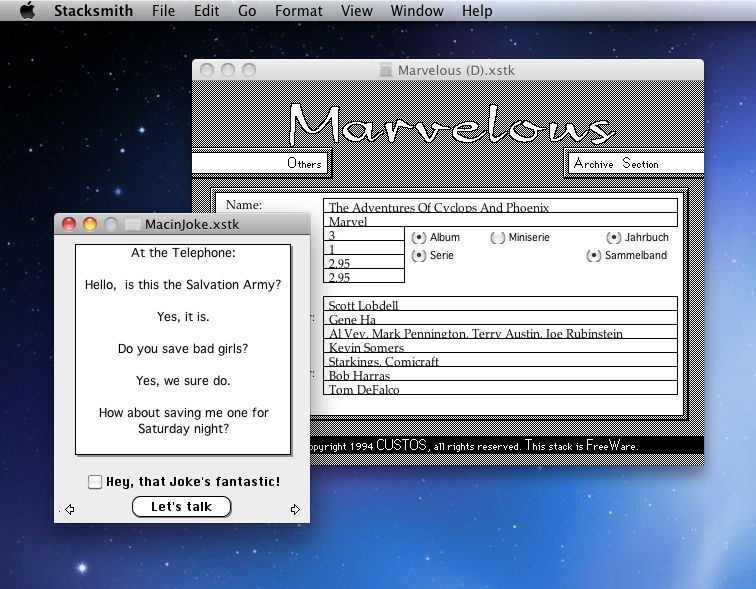 The MacinJoke HyperCard stack converted to and displayed by Stacksmith
